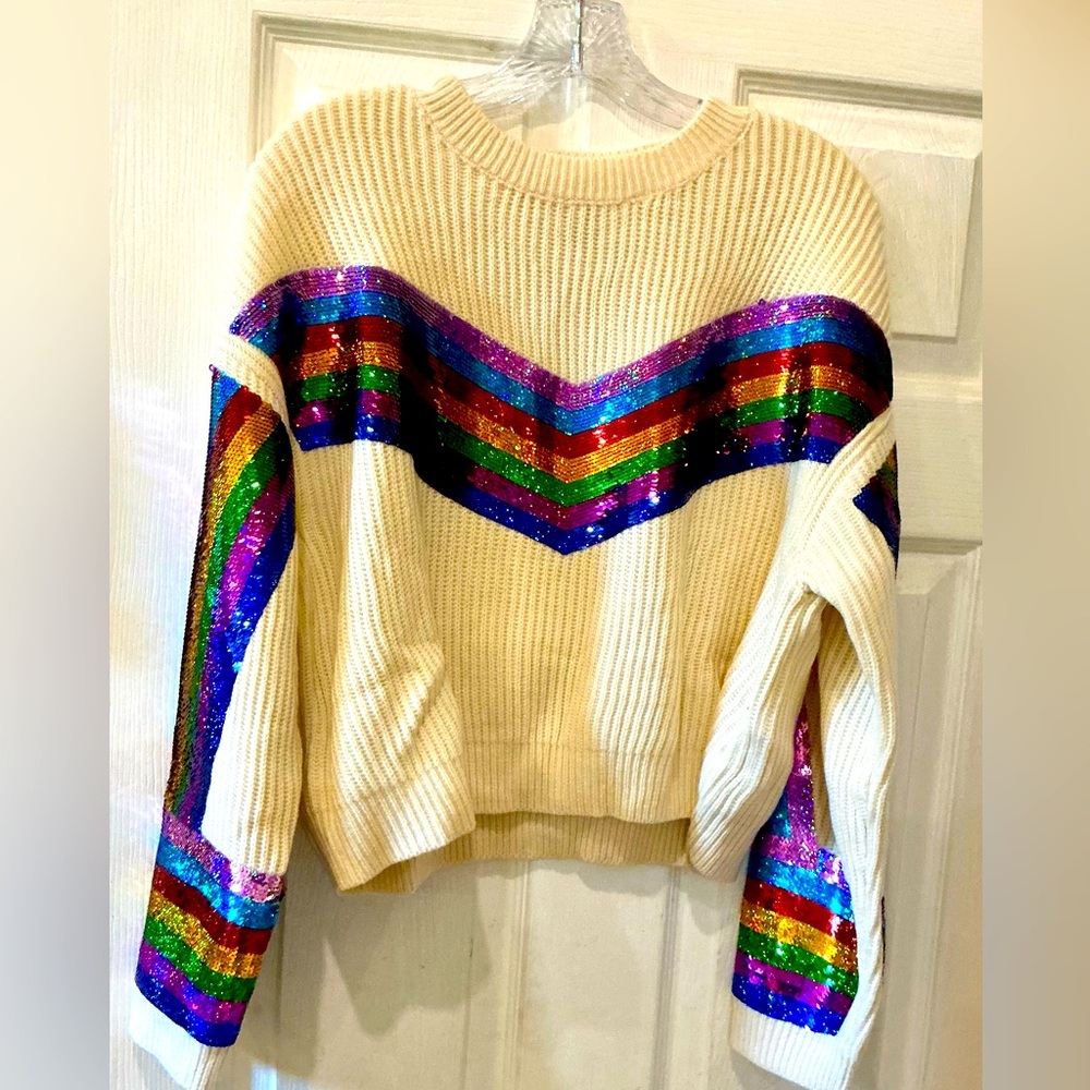 NWOT  Med Queen of sparkles ivory rainbow sequin sweater